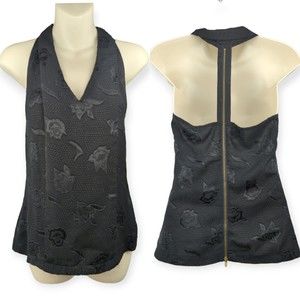 COOPER & ELLA Black Tank Top T-back Blouse Floral Metallic Chiffon Zipper XS